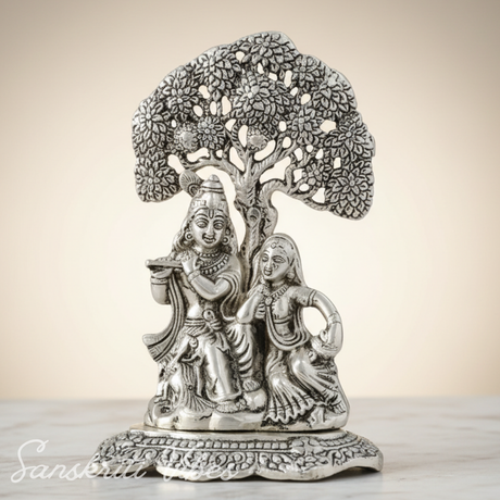Metal Radha Krishna Idol Under Tree | Silver Decorative Showpiece Statue for Puja Room, Home & Office Desk – 18 cm Spiritual Gift - Retail Maharaj