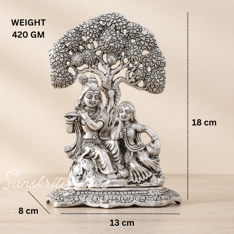 Metal Radha Krishna Idol Under Tree | Silver Decorative Showpiece Statue for Puja Room, Home & Office Desk – 18 cm Spiritual Gift - Retail Maharaj