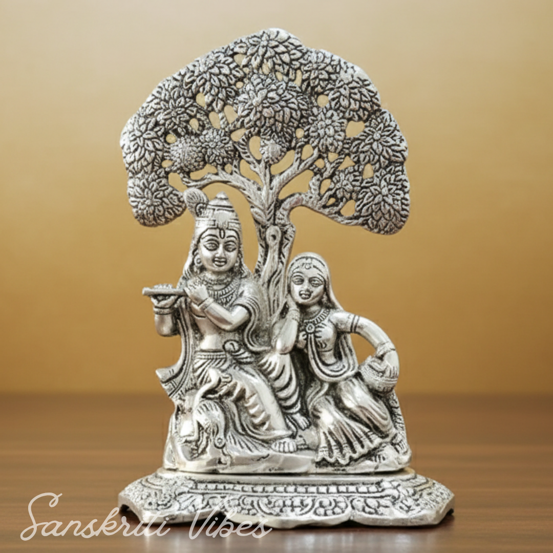 Metal Radha Krishna Idol Under Tree | Silver Decorative Showpiece Statue for Puja Room, Home & Office Desk – 18 cm Spiritual Gift - Retail Maharaj