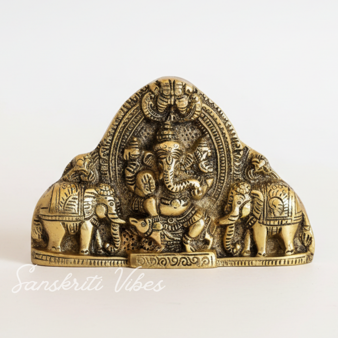 Ganesh Wall Hanging With Elephants For Door Entrance Decorative Showpiece 12 Cm Aluminium Gold Finish Ganpati Wall Decor For Home And Office - Retail Maharaj