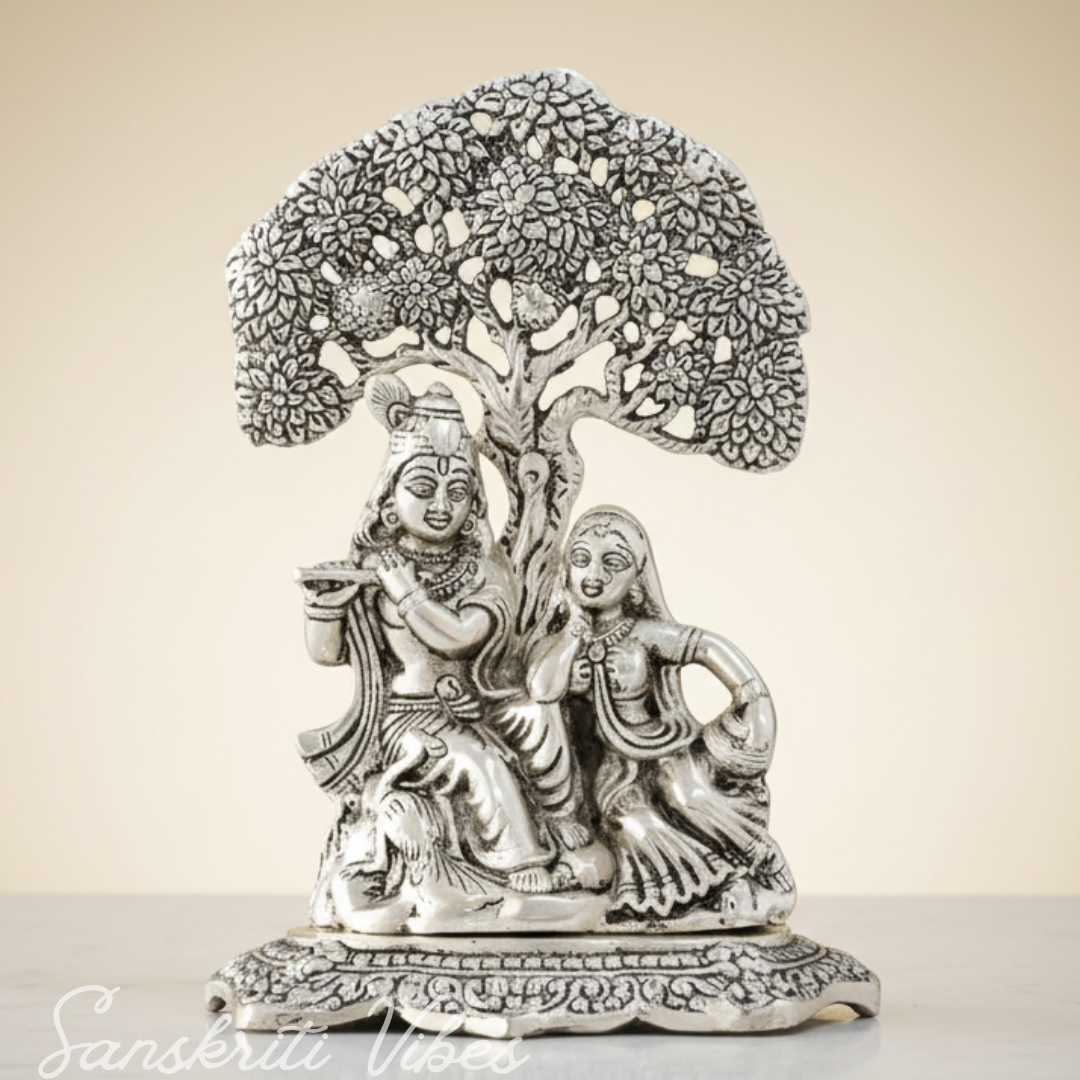 Metal Radha Krishna Idol Under Tree | Silver Decorative Showpiece Statue for Puja Room, Home & Office Desk – 18 cm Spiritual Gift - Retail Maharaj