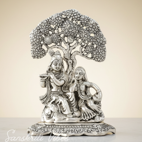 Metal Radha Krishna Idol Under Tree | Silver Decorative Showpiece Statue for Puja Room, Home & Office Desk – 18 cm Spiritual Gift - Retail Maharaj