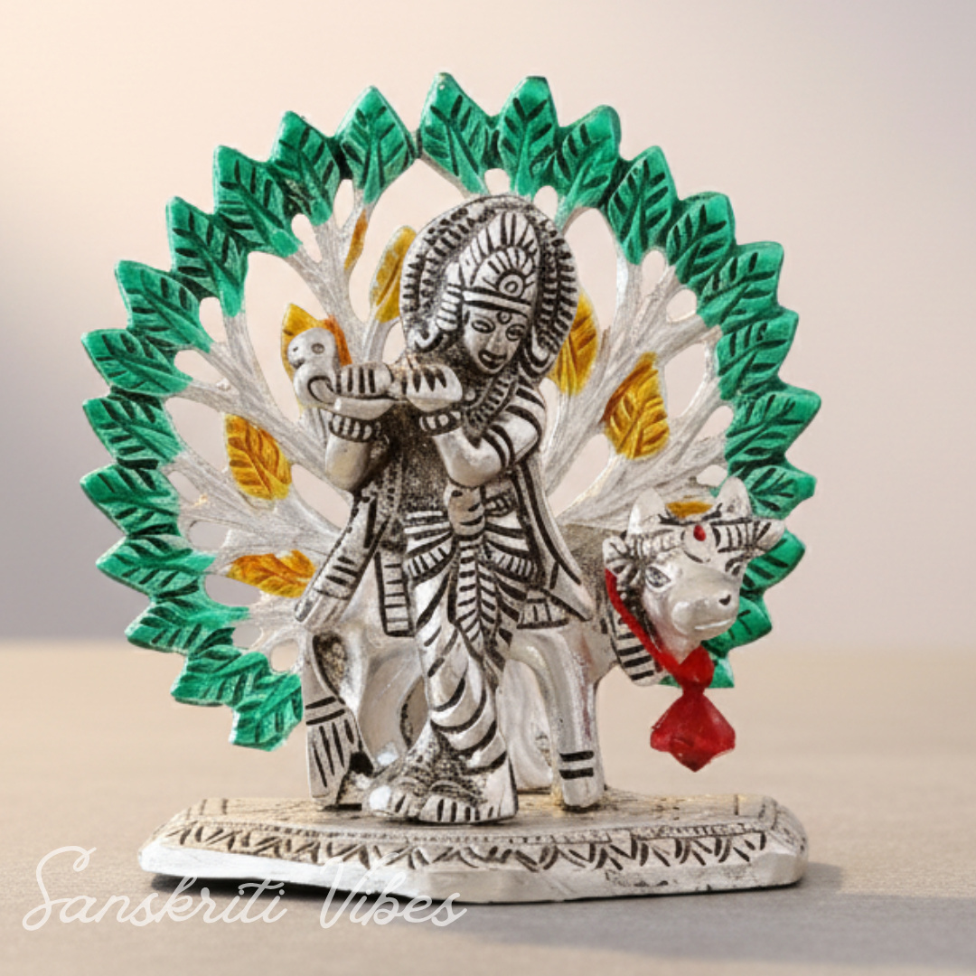Silver-Plated Metal Kalpavriksha Tree with Cow & Krishna Idol | Home Decorative Religious Showpiece for Puja Room & Gifting - Retail Maharaj