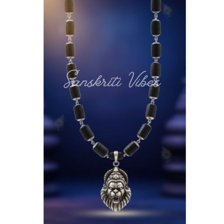 Narsimha Locket with Silver Capped Black Tulsi Beads Mala | Super Power & Classic Spiritual Necklace - Retail Maharaj