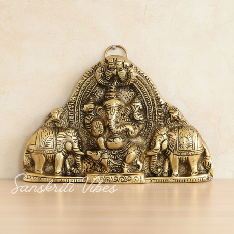 Ganesh Wall Hanging With Elephants For Door Entrance Decorative Showpiece 12 Cm Aluminium Gold Finish Ganpati Wall Decor For Home And Office - Retail Maharaj
