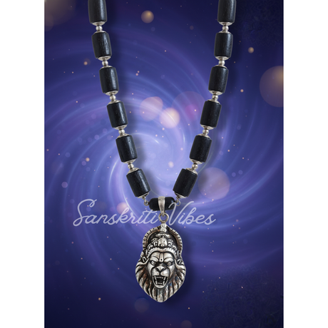 Narsimha Locket with Silver Capped Black Tulsi Beads Mala | Super Power & Classic Spiritual Necklace - Retail Maharaj