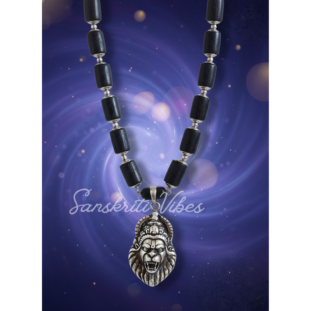 Narsimha Locket with Silver Capped Black Tulsi Beads Mala | Super Power & Classic Spiritual Necklace - Retail Maharaj