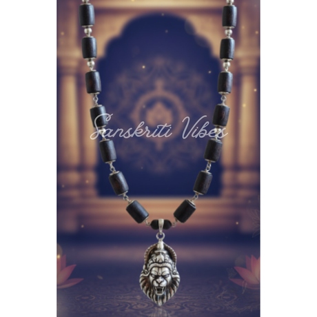 Narsimha Locket with Silver Capped Black Tulsi Beads Mala | Super Power & Classic Spiritual Necklace - Retail Maharaj