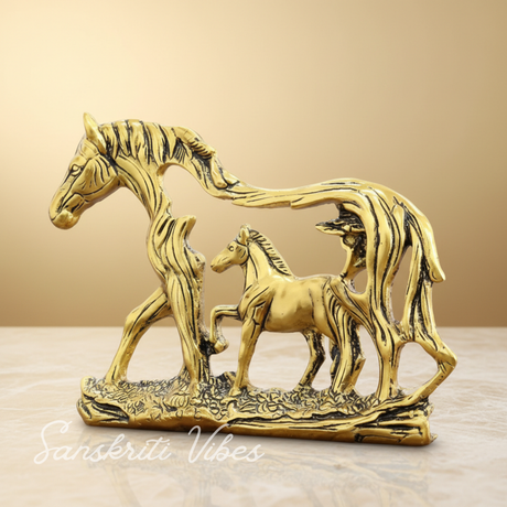 Golden Elegant Metal Horse Family Showpiece Statue for Wealth, Feng Shui and Vastu Home and Office Decoration - Retail Maharaj