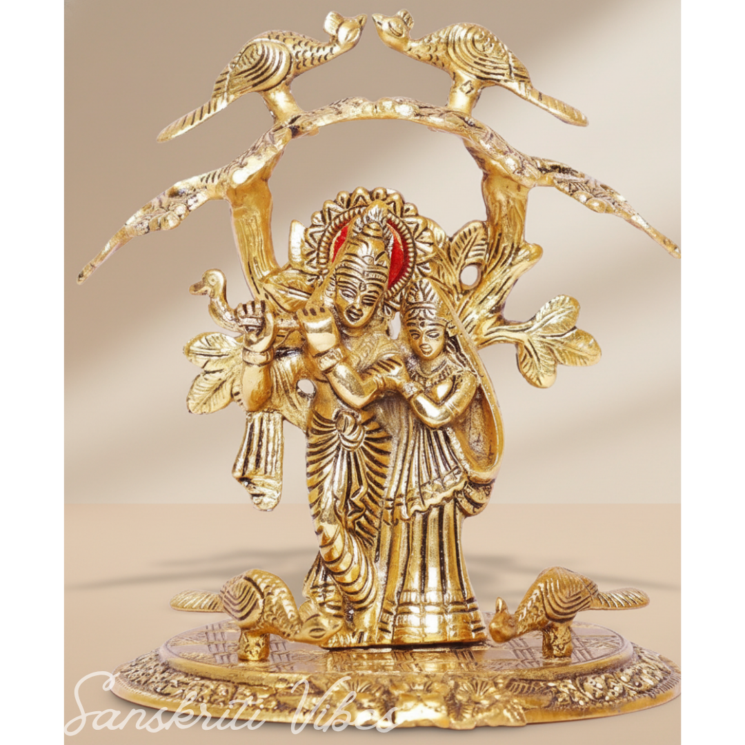 Radha Krishna Standing Under Tree Playing Flute | Gold Antique Metal Idol Statue for Pooja Room & Home Décor - Retail Maharaj