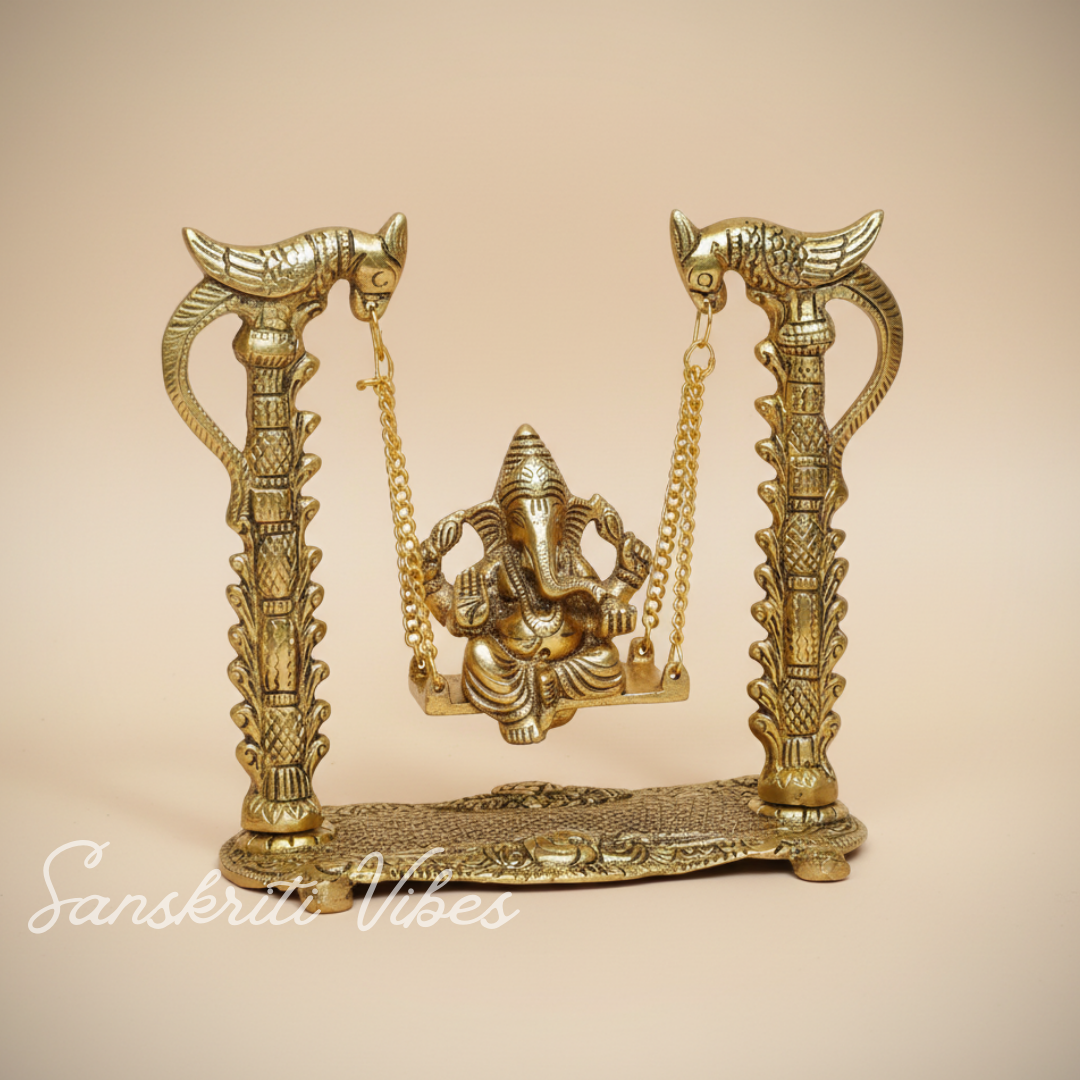 Ganesh Ji Jhula Idol Decorative Showpiece – Handcrafted Metal Swing Ganpati Statue for Home Decor & Auspicious Gifting (Glossy Finish, Made in India)
