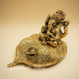 Gifts Metal Ganesh Gold Polish Leaf Decorative Showpiece 12 X 12 X 8 Cm 14 Cm Crystal Ganpati Idol For Home Decor And Gift Purpose - Retail Maharaj