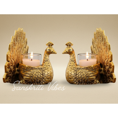 Metal Dancing Peacock Pair Candle Holder Vastu Figurine Decorative Showpiece for Home Décor and Gifting (Set of 2 pcs) - Retail Maharaj