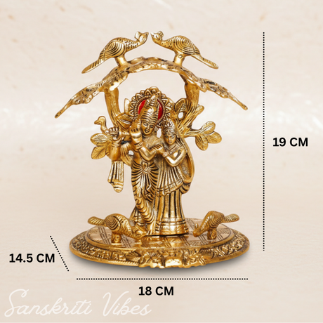 Radha Krishna Standing Under Tree Playing Flute | Gold Antique Metal Idol Statue for Pooja Room & Home Décor - Retail Maharaj