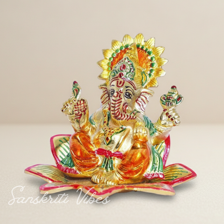 Ganesha Idol Sit On Multicolor Flower Metal Statue Decorative Ganpati Murti For Home Decor Pooja Room And Gift Purpose - Retail Maharaj