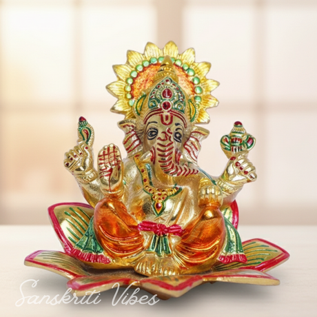 Ganesha Idol Sit On Multicolor Flower Metal Statue Decorative Ganpati Murti For Home Decor Pooja Room And Gift Purpose - Retail Maharaj