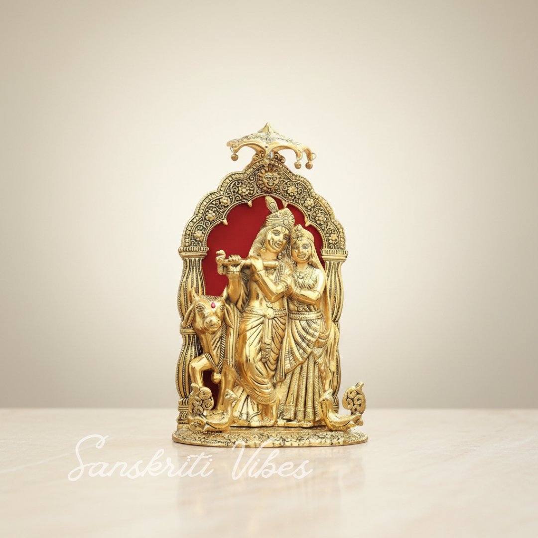 Metal Radha Krishna Idol with Cow Decorative Showpiece Statue for Puja Room Home and Office Desk (33 cm Height) - Retail Maharaj