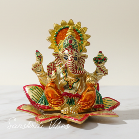 Ganesha Idol Sit On Multicolor Flower Metal Statue Decorative Ganpati Murti For Home Decor Pooja Room And Gift Purpose - Retail Maharaj