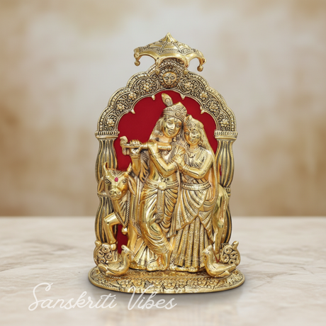 Metal Radha Krishna Idol with Cow Decorative Showpiece Statue for Puja Room Home and Office Desk (33 cm Height) - Retail Maharaj