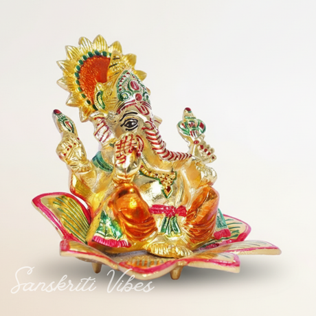 Ganesha Idol Sit On Multicolor Flower Metal Statue Decorative Ganpati Murti For Home Decor Pooja Room And Gift Purpose - Retail Maharaj