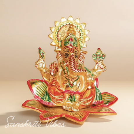 Ganesha Idol Sit On Multicolor Flower Metal Statue Decorative Ganpati Murti For Home Decor Pooja Room And Gift Purpose - Retail Maharaj