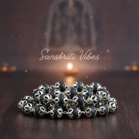 Beautiful Design Silver Tulsi Mala | Handcrafted Natural Black Tulsi Devotional Necklace - Retail Maharaj