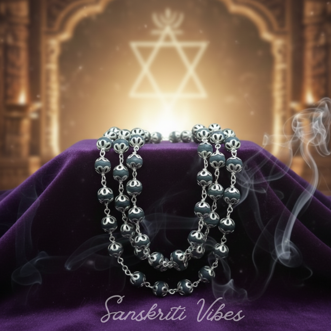 Beautiful Design Silver Tulsi Mala | Handcrafted Natural Black Tulsi Devotional Necklace - Retail Maharaj