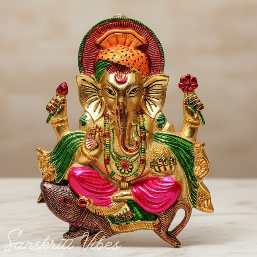 Metal Ganesha Ji Sitting on Chuha Idol Handmade Glossy Finish Ganesh Murti for Home Office Decor by Sanskriti Vibes - Retail Maharaj