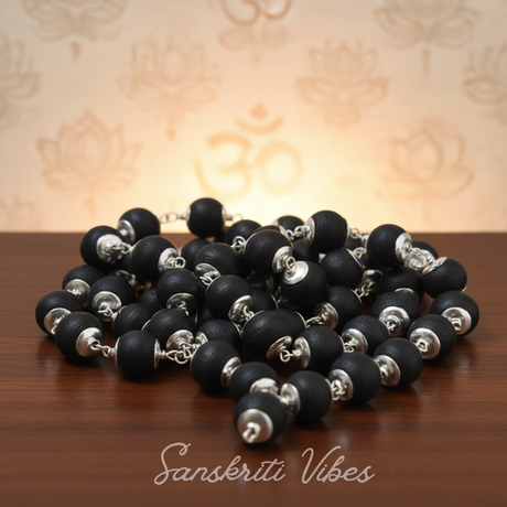 Black Tulsi Mala 8mm Pure Silver Capped Tulsi Wood Rosary for Protection and Spiritual Healing - Retail Maharaj