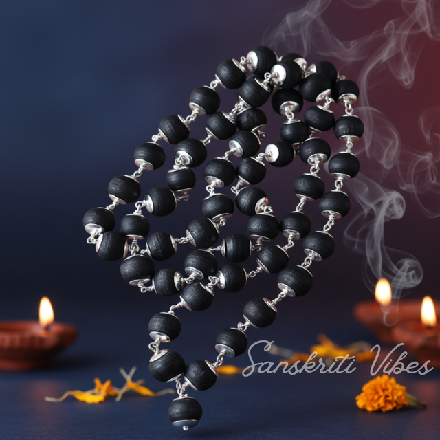 Black Tulsi Mala 8mm Pure Silver Capped Tulsi Wood Rosary for Protection and Spiritual Healing - Retail Maharaj