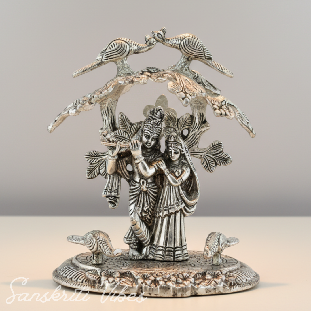 Radha Krishna Playing Flute Under Tree | Silver Oxidized Aluminium Idol for Home Décor & Diwali Gifting - Retail Maharaj