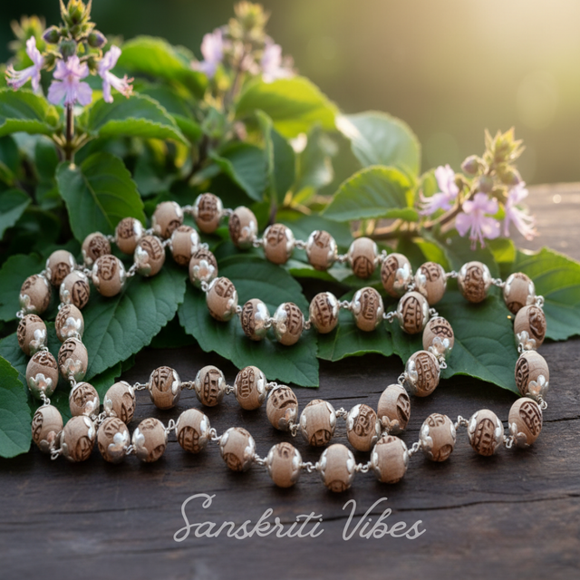 Ram and Krishna Silver Tulsi Kanthi Mala with Silver Caps Spiritual Rosary for Protection and Devotion - Retail Maharaj