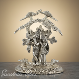 Radha Krishna Playing Flute Under Tree | Silver Oxidized Aluminium Idol for Home Décor & Diwali Gifting - Retail Maharaj
