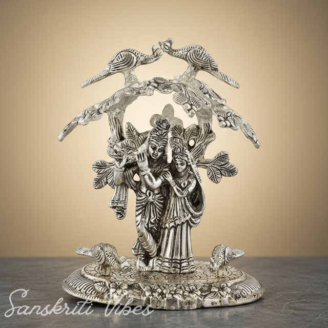 Radha Krishna Playing Flute Under Tree | Silver Oxidized Aluminium Idol for Home Décor & Diwali Gifting - Retail Maharaj