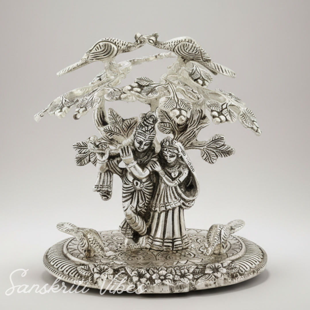 Radha Krishna Playing Flute Under Tree | Silver Oxidized Aluminium Idol for Home Décor & Diwali Gifting - Retail Maharaj