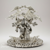 Radha Krishna Playing Flute Under Tree | Silver Oxidized Aluminium Idol for Home Décor & Diwali Gifting - Retail Maharaj