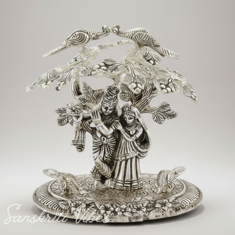 Radha Krishna Playing Flute Under Tree | Silver Oxidized Aluminium Idol for Home Décor & Diwali Gifting - Retail Maharaj