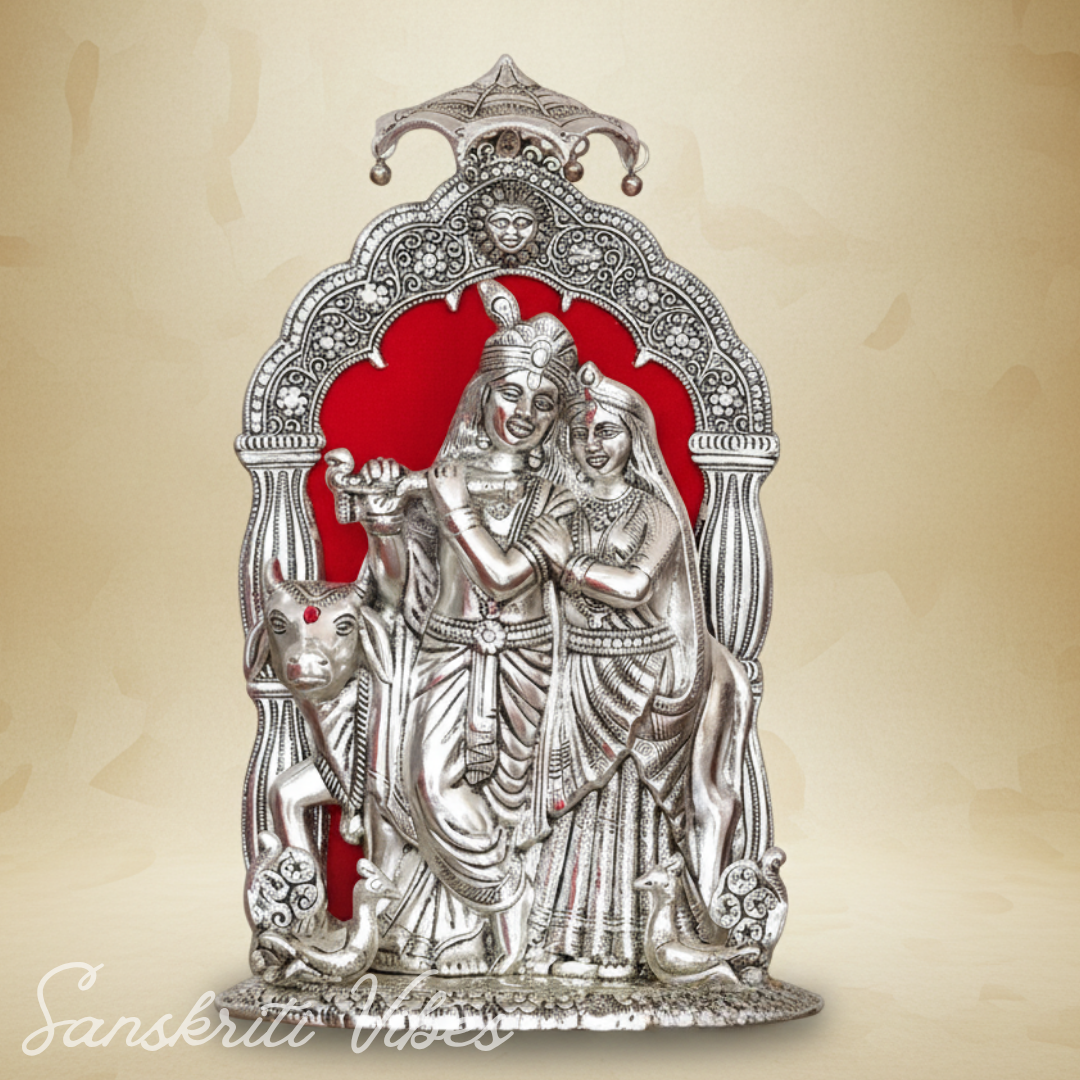 Silver Metal Radha Krishna with Cow Idol | Ornate 33 cm Decorative Showpiece for Puja Room, Home & Office - Retail Maharaj