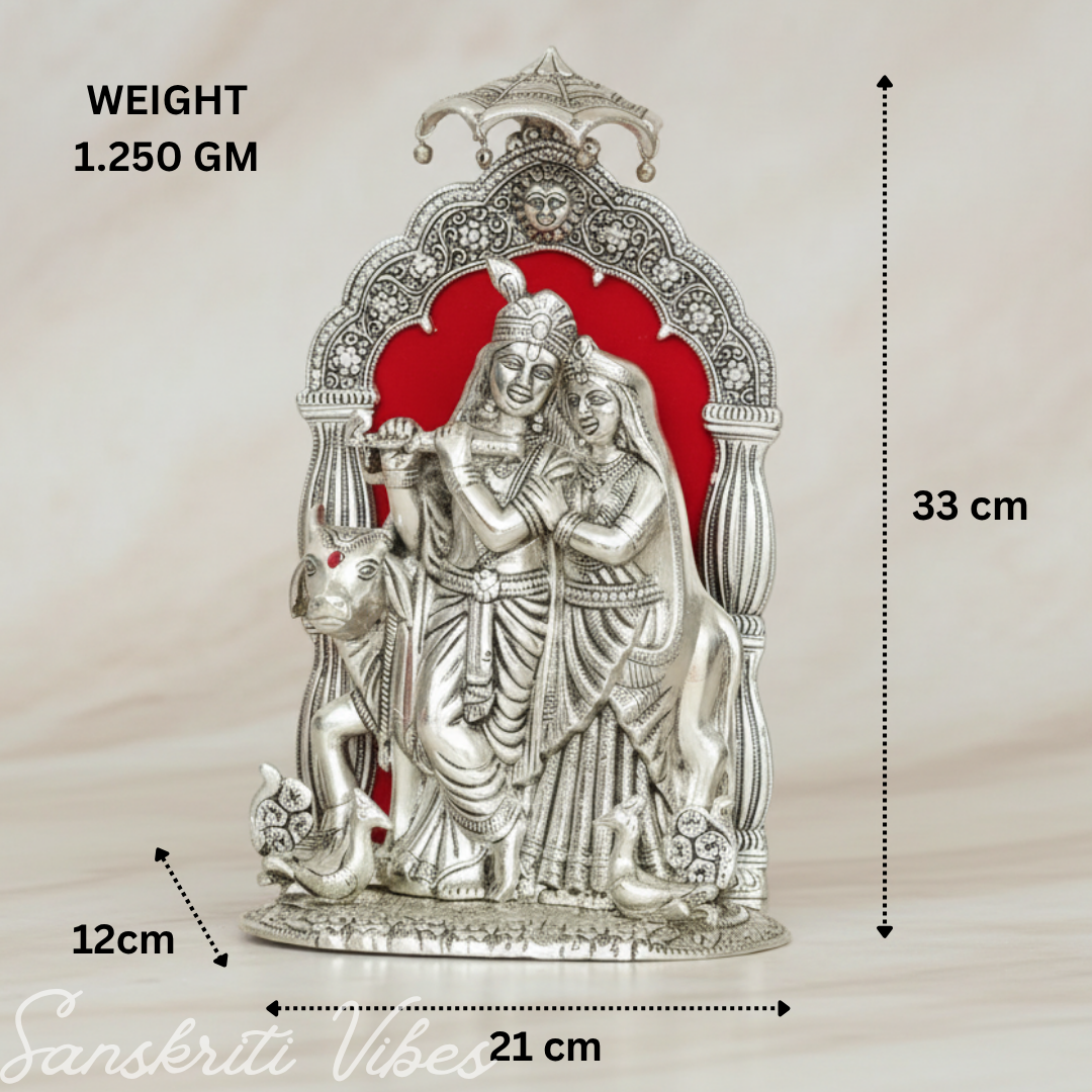 Silver Metal Radha Krishna with Cow Idol | Ornate 33 cm Decorative Showpiece for Puja Room, Home & Office - Retail Maharaj