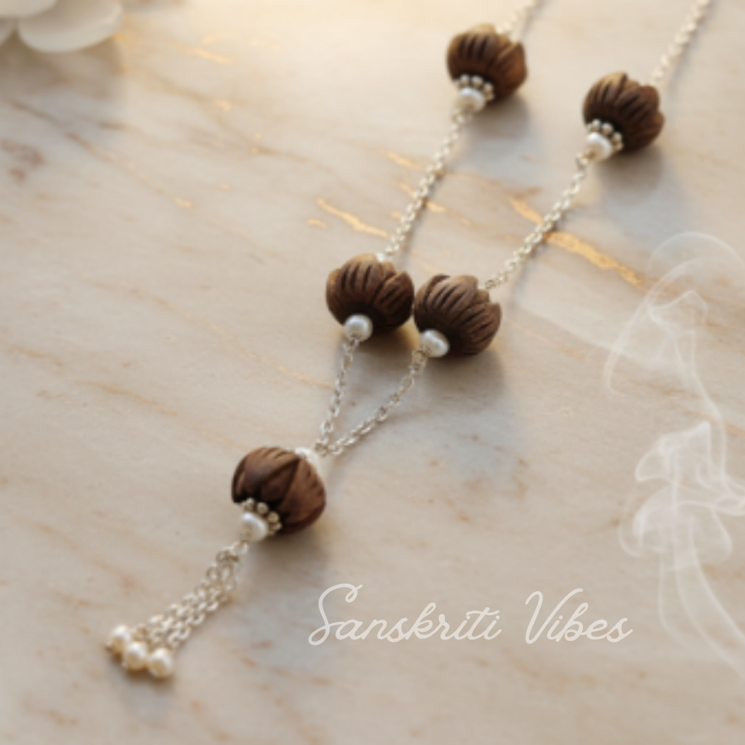 Lotus Tulsi Beads Mala with Silver Chain Spiritual Rosary for Protection and Devotion