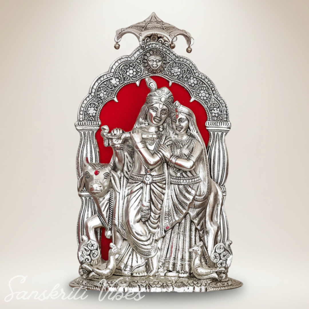 Silver Metal Radha Krishna with Cow Idol | Ornate 33 cm Decorative Showpiece for Puja Room, Home & Office - Retail Maharaj