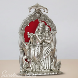 Silver Metal Radha Krishna with Cow Idol | Ornate 33 cm Decorative Showpiece for Puja Room, Home & Office - Retail Maharaj
