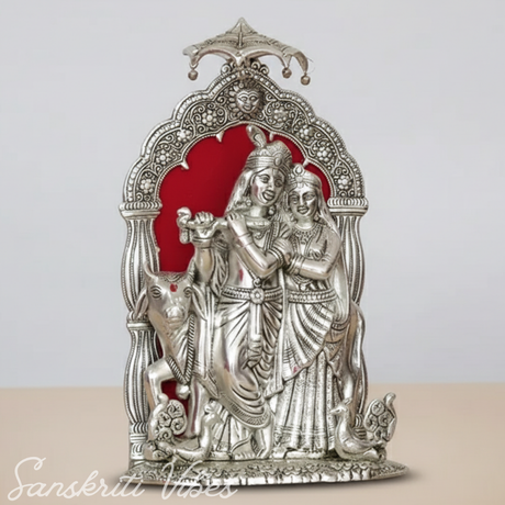 Silver Metal Radha Krishna with Cow Idol | Ornate 33 cm Decorative Showpiece for Puja Room, Home & Office - Retail Maharaj