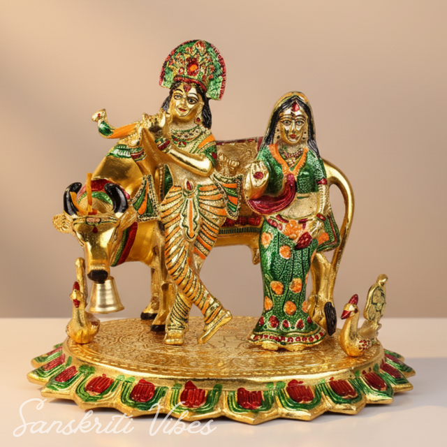 Radha Krishna with Cow Metal Statue | Meena Work Decorative Idol for Home Temple & Gifting – Glossy Finish - Retail Maharaj
