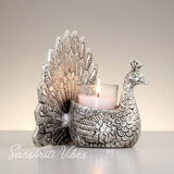 Set of 2 pcs Metal Dancing Peacock Pair Candle Holder Vastu Figurine Silver Finish for Home Décor and Gifting - Retail Maharaj