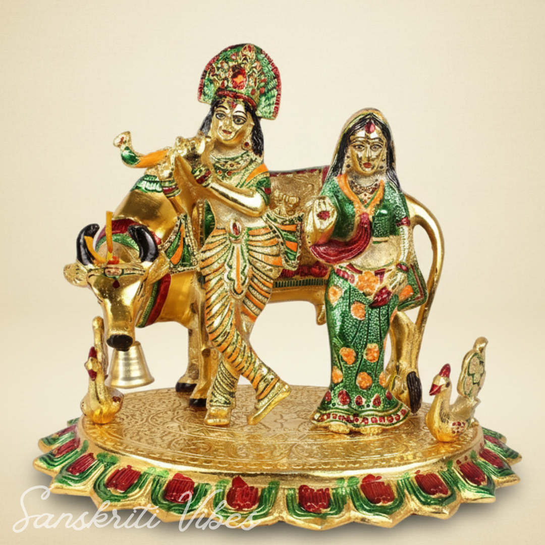 Radha Krishna with Cow Metal Statue | Meena Work Decorative Idol for Home Temple & Gifting – Glossy Finish - Retail Maharaj