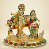Radha Krishna with Cow Metal Statue | Meena Work Decorative Idol for Home Temple & Gifting – Glossy Finish - Retail Maharaj