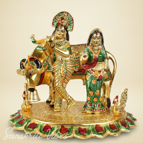Radha Krishna with Cow Metal Statue | Meena Work Decorative Idol for Home Temple & Gifting – Glossy Finish - Retail Maharaj