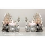 Set of 2 pcs Metal Dancing Peacock Pair Candle Holder Vastu Figurine Silver Finish for Home Décor and Gifting - Retail Maharaj