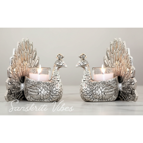 Set of 2 pcs Metal Dancing Peacock Pair Candle Holder Vastu Figurine Silver Finish for Home Décor and Gifting - Retail Maharaj